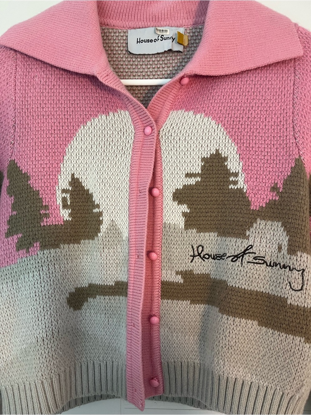House of Sunny Rose Pink and Gray Scenic Knit Cardigan Sweater - Picture 3 of 5